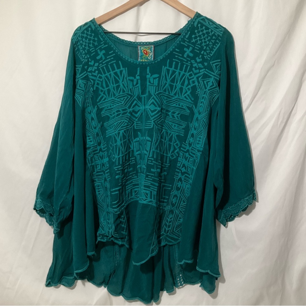 Johnny Was Teal Embroidered Flowing Blouse